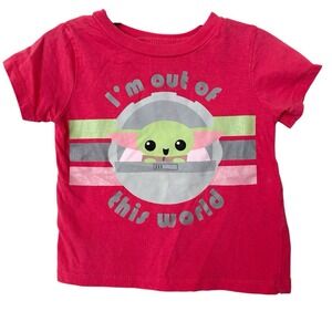 Star Wars Toddler Girls 2T Grogu Baby Yoda "I'm Out Of This World" Pink Red Tee